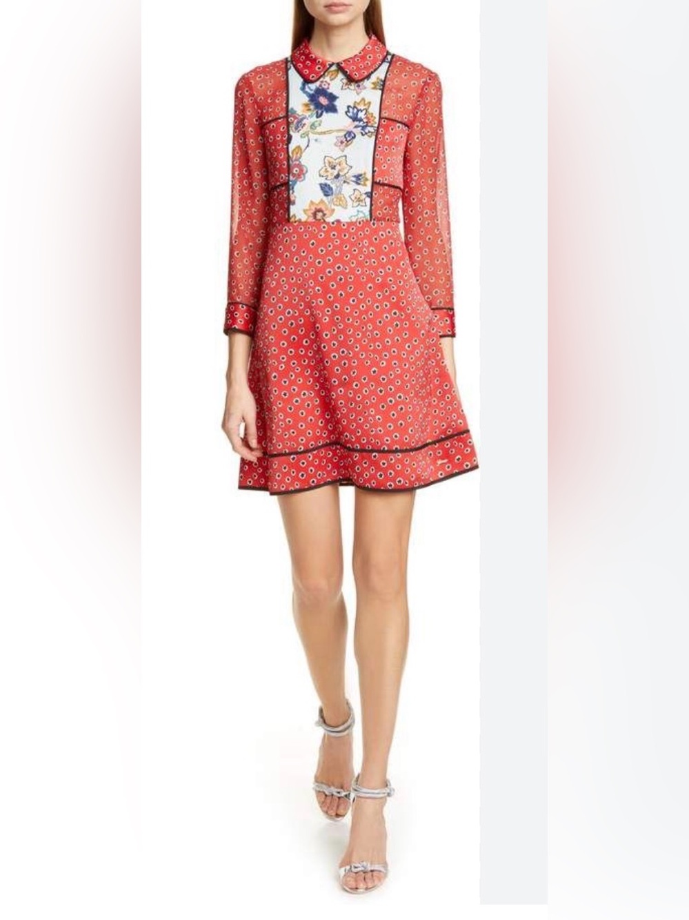 Ted Baker Valoria Dress Red Floral Print Sheer Sleeves Peter Pan Collar Sz US 2